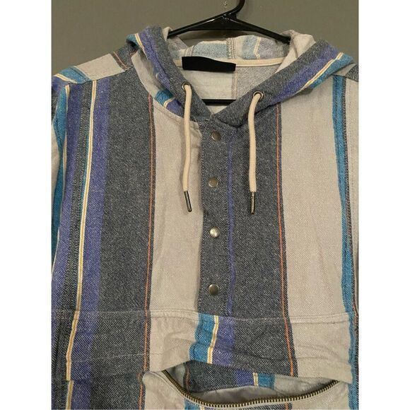No Boundaries Striped Vintage Hooded Pullover Quarter Button Down Size L - Picture 8 of 10